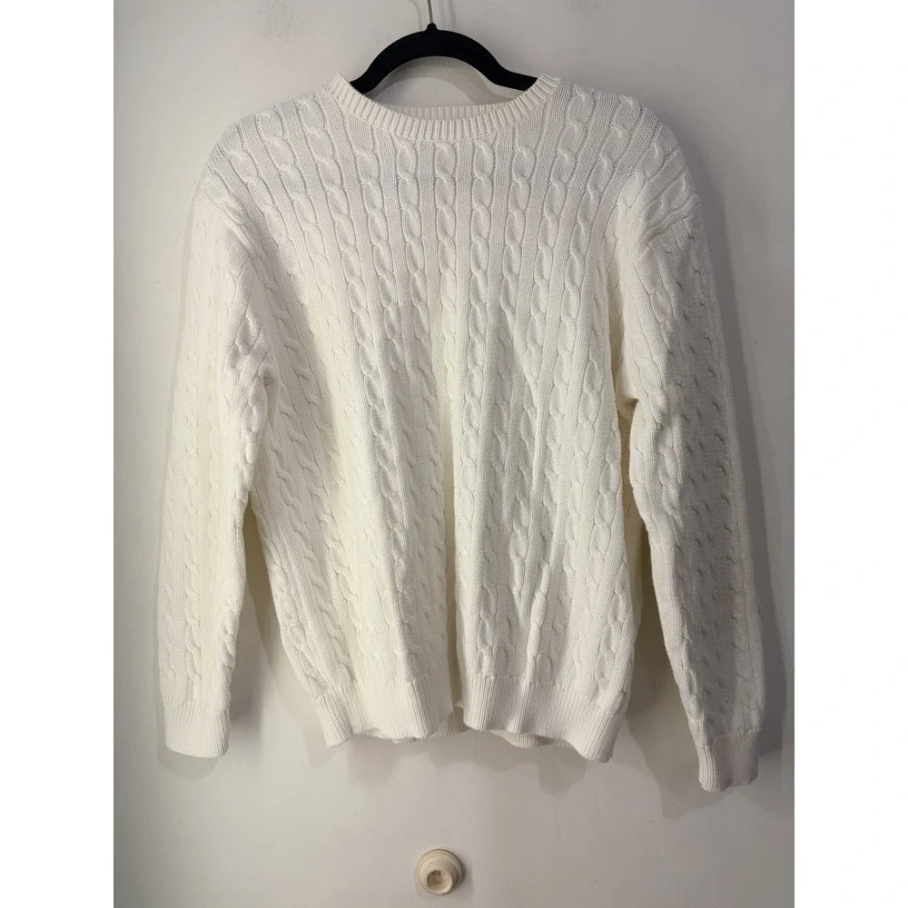 Brandy Melville White Cable Knit Sweater Large Cotton Blend Crew Neck